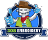 308 Embroidery, Scottsbluff, Nebraska: circle badge logo with Stitch the cowboy robot