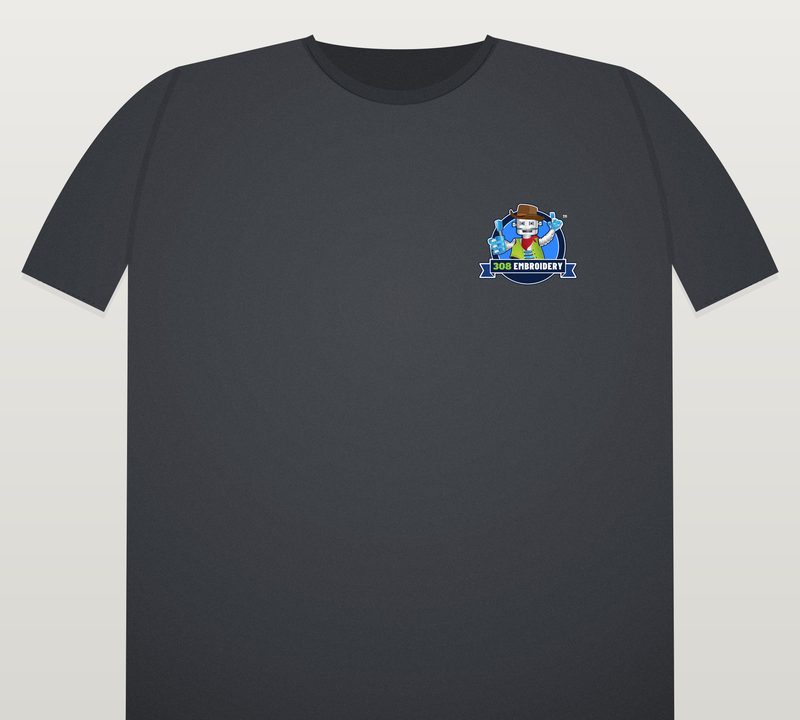 Charcoal t-shirt with the 308 Embroidery Stitch badge on the left chest