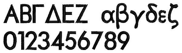 Greek Spionic lettering sample: ABCDEF abcdef 0123456789