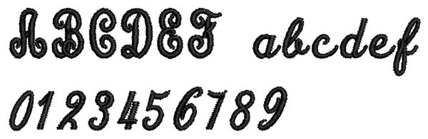 Upright Script lettering sample: ABCDEF abcdef 0123456789